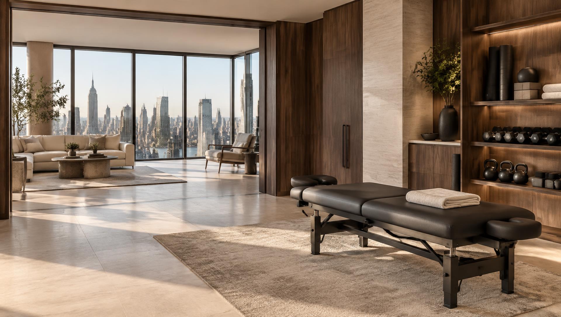 Refined Manhattan residence with a private stretching table and functional training equipment